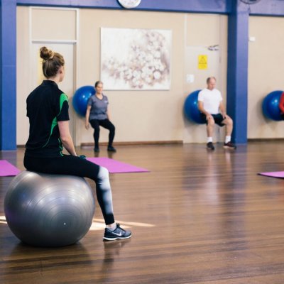 Renee Weller runs a fitball class.